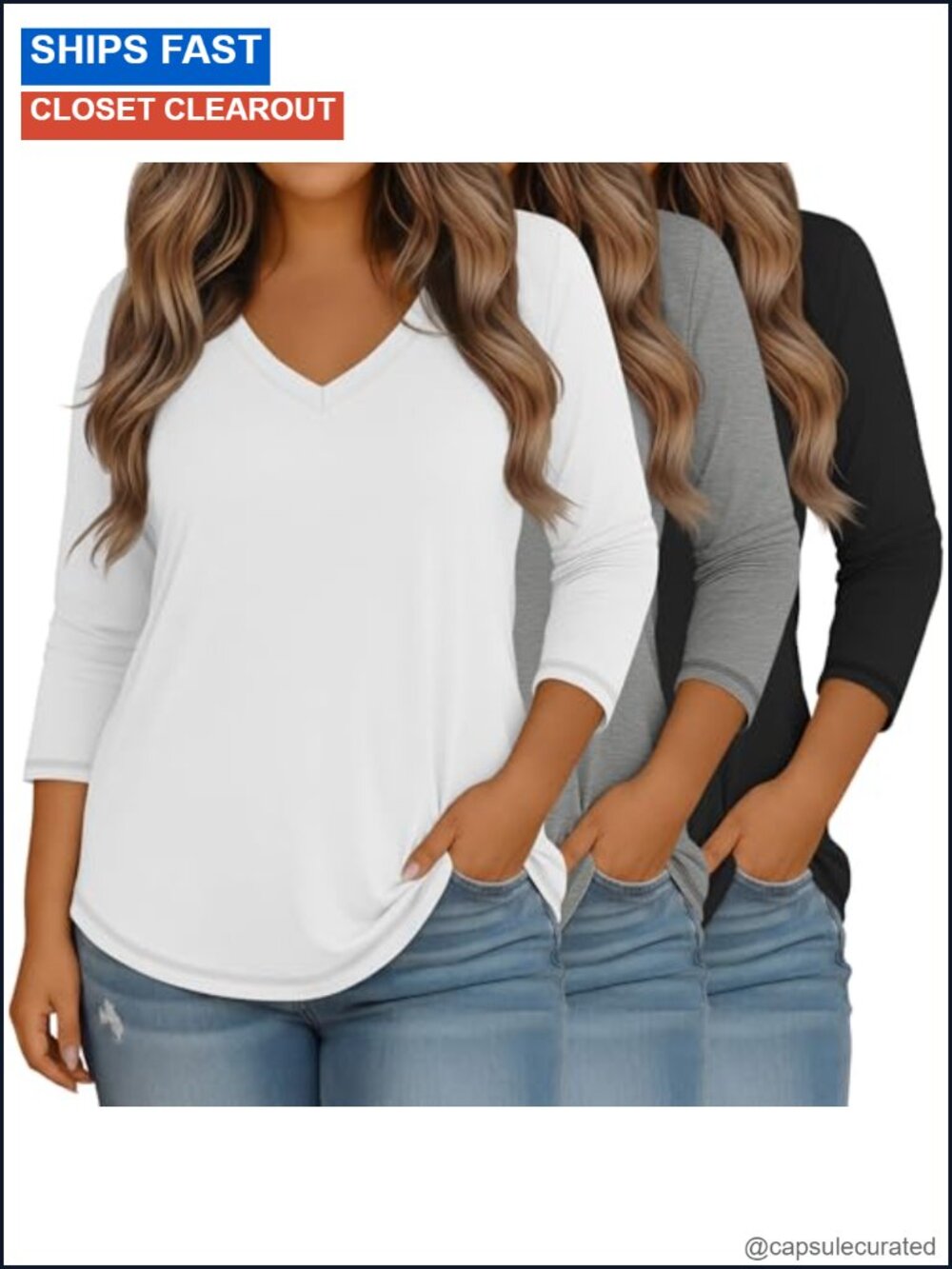 Plus Size 3/4 Sleeve V-Neck Cotton Spandex T-Shirt 3 Pack Loose Fit